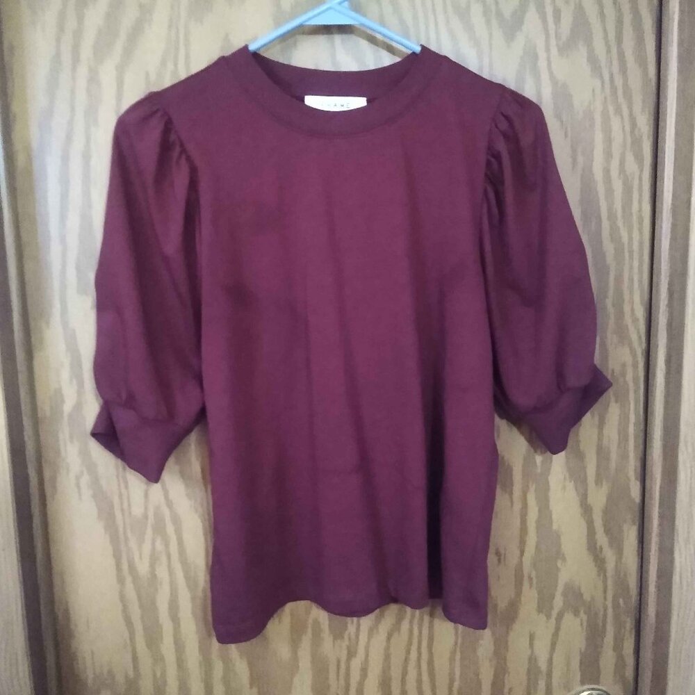 Frame Women's Medium Burgundy Puff-sleeve Cotton T-shirt